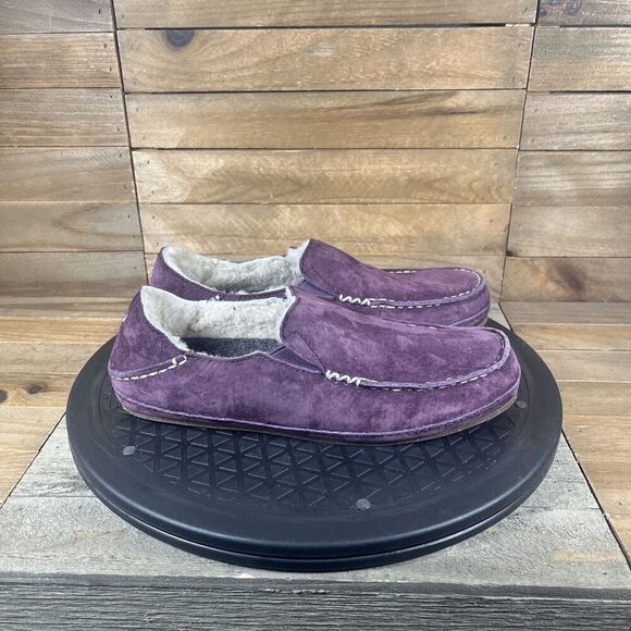 Olukai Nohea Slippers Womens Sz 5 Mystic Berry Red Nubuck Leather Fur Shearling - Picture 1 of 10